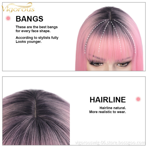 Vigorous Short Bob Wigs with Bangs Synthetic Straight Bob Wig with Dark Roots Ombre Pink Cosplay Wig For Women Party Wear